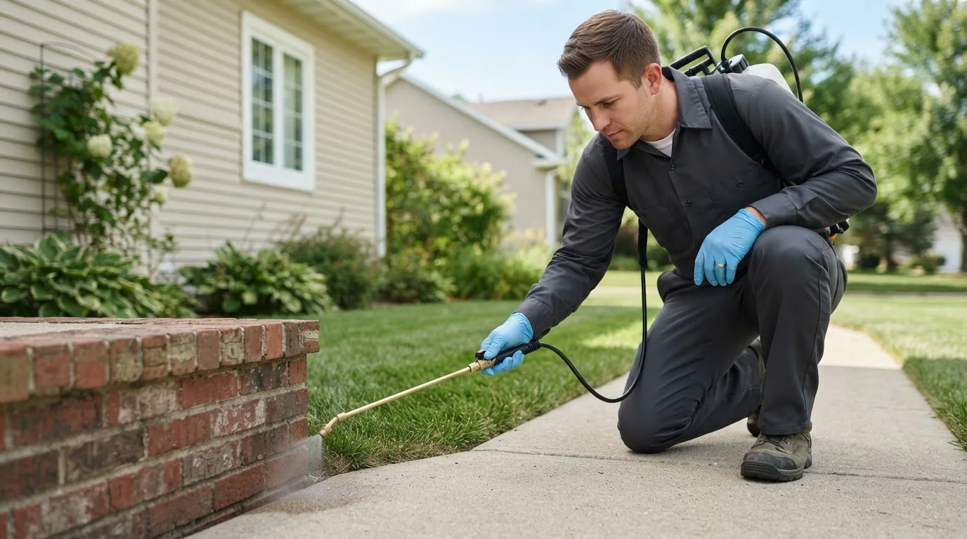 Pest control technician treating a home near Plainwell, MI