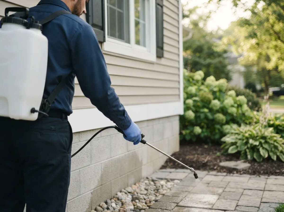 Pest control technician inspecting a home in Plainwell, MI